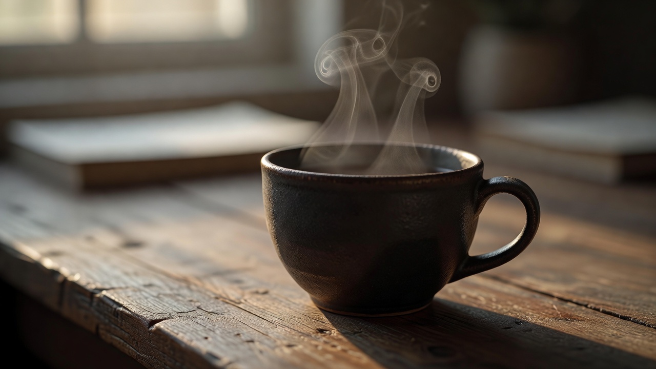 Shallow-focus close-up of warm steam rising softly from a dark stoneware cup resting on a wooden desk
