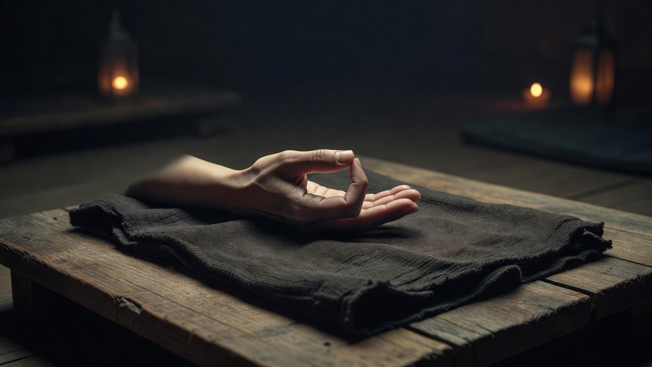 Close-up of hands folded in cosmic mudra against dark cotton cloth on a wooden platform