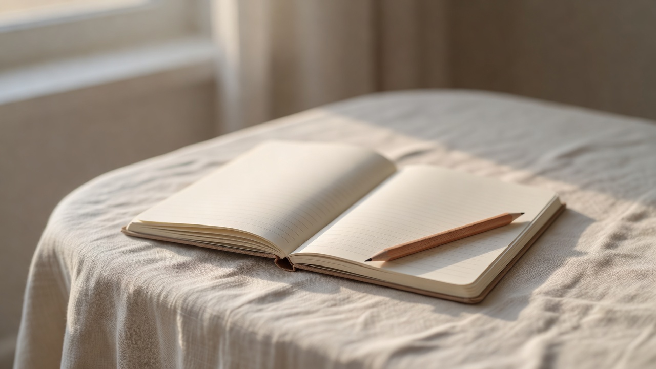 Shallow-focus close-up of an open plain notebook and wooden pencil resting on a quiet linen table