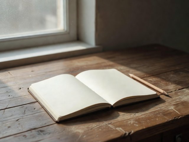 Ανοιχτό σημειωματάριο και μολύβι πάνω σε ξύλινο γραφείο φωτισμένο από απαλό φως παραθύρου