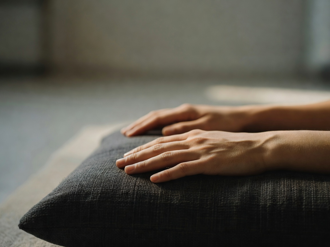 Nahaufnahme mit geringer Schärfentiefe: zwei Hände liegen locker auf einem dunklen, gewebten Meditationskissen im weichen Morgenlicht