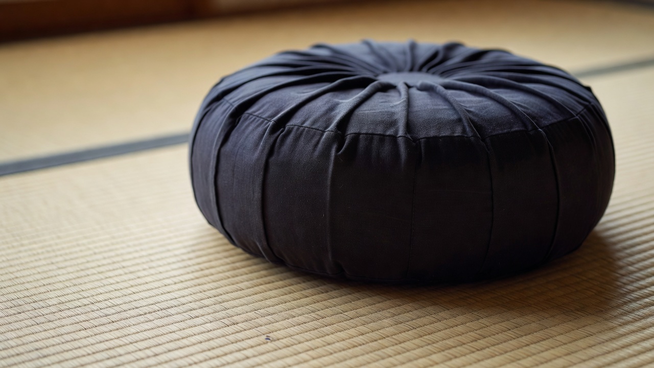 Shallow-focus close-up of a dark pleated meditation cushion resting on woven rush grass matting